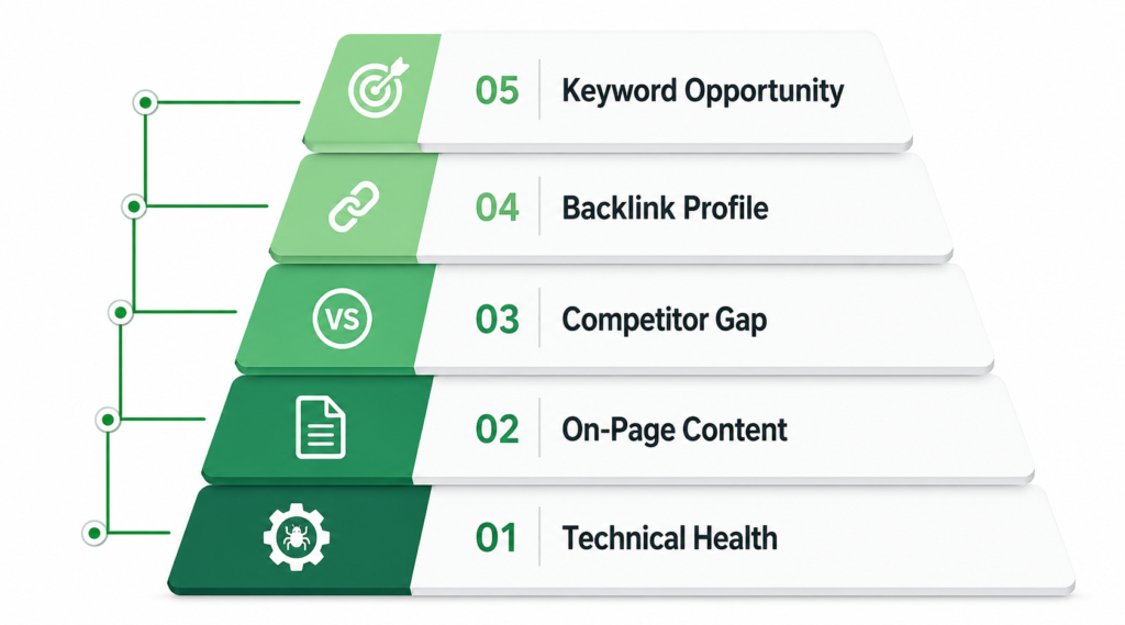 Five layers of an ecommerce SEO audit: technical health, on-page content, competitor gaps, backlinks, keyword opportunities