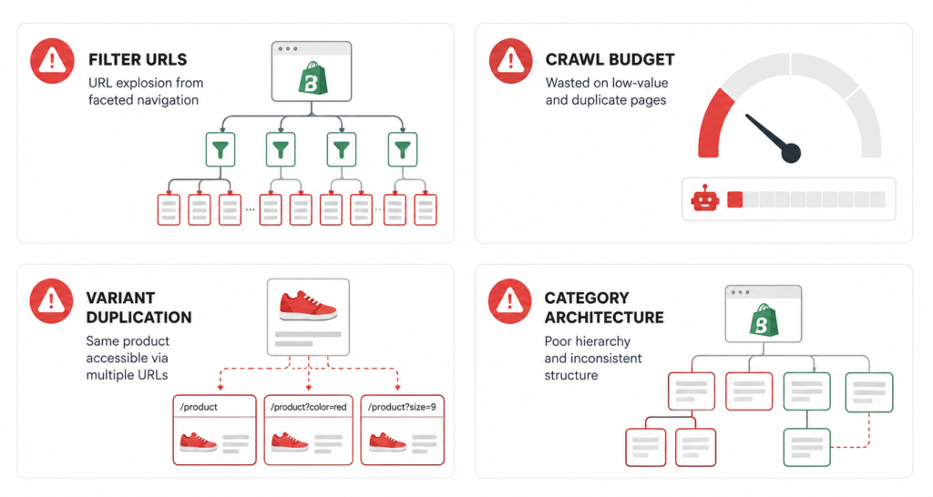 Four BigCommerce SEO problems: filter URL explosion, crawl budget waste, variant duplication, and category architecture