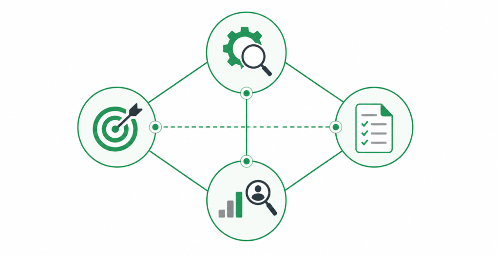 Four areas covered in an SEO consulting engagement: technical review, keyword strategy, on-page recommendations, competitor analysis