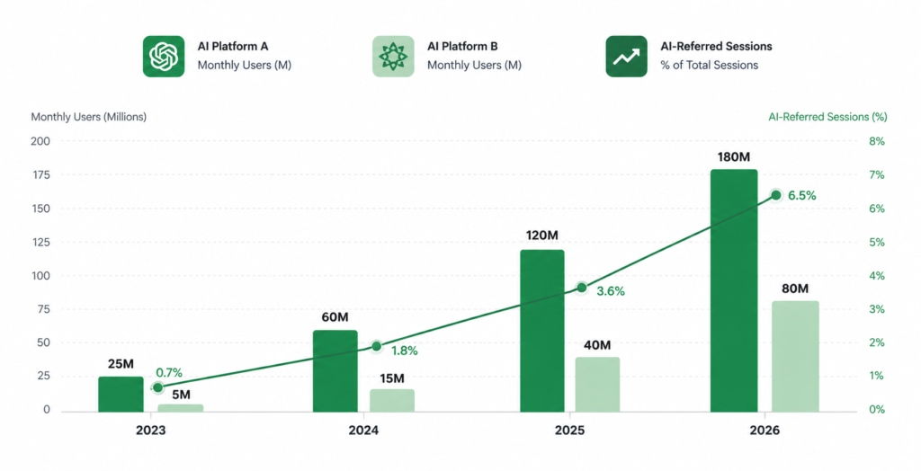 AI search platform growth 2023 to 2026 showing ChatGPT, Perplexity, and AI-referred session increases