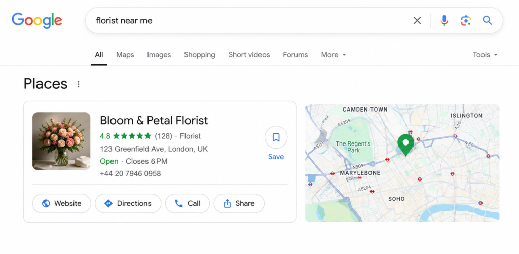 Google Business Profile appearing in local search results for a small business florist