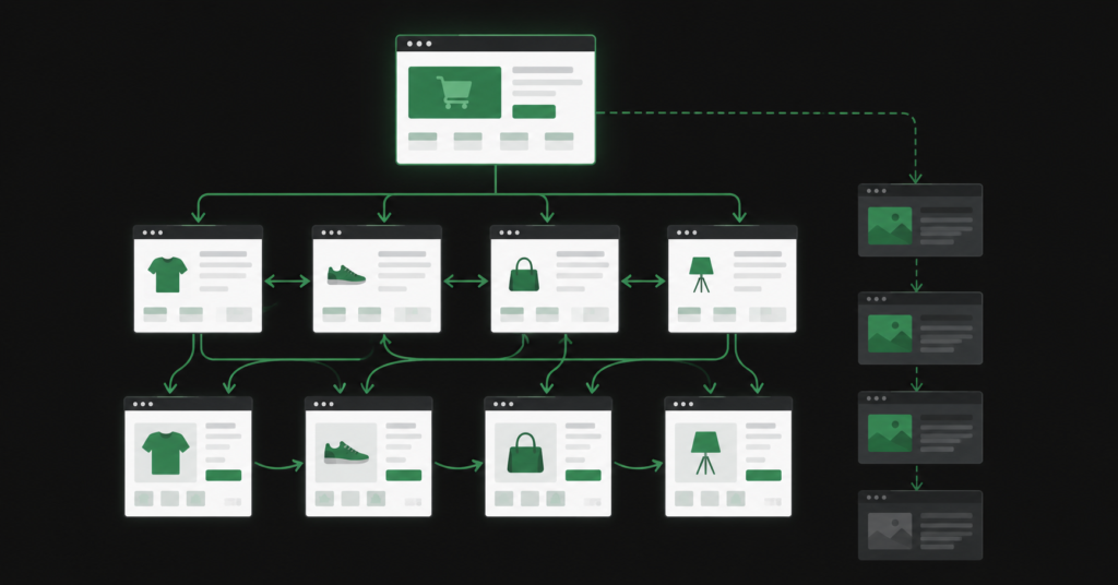 Internal linking structure for ecommerce store showing homepage, categories, products, and blog connected by link flows