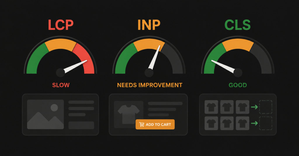 Core Web Vitals for ecommerce showing LCP, INP, and CLS gauge meters with good and poor scores