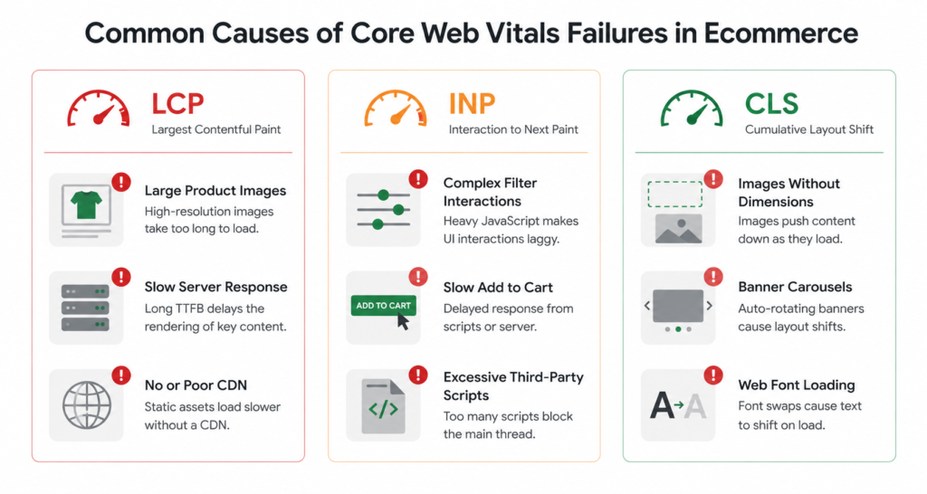 Most common Core Web Vitals failures in ecommerce stores: LCP image issues, INP interactivity, and CLS layout shifts