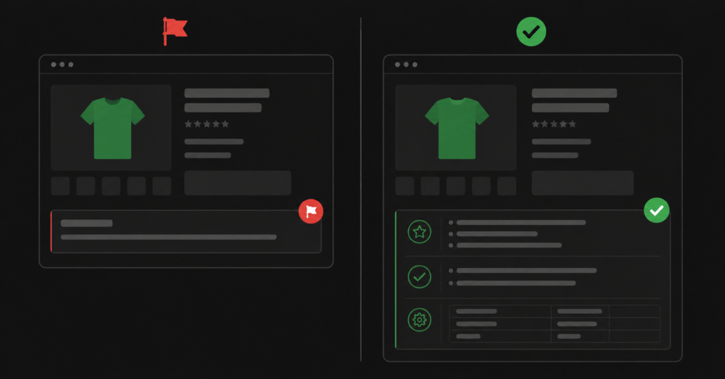 Product description comparison showing generic copy versus structured SEO-optimised description