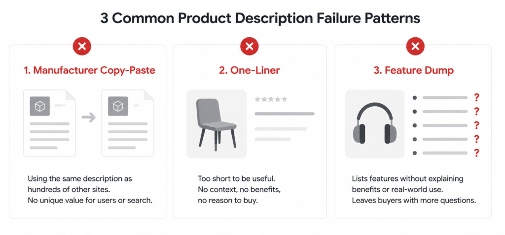 Three common product description mistakes: manufacturer copy-paste, generic one-liner, and unexplained feature dump