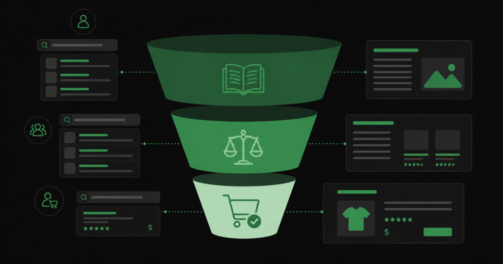 Ecommerce content strategy showing buyer journey from informational to transactional search intent