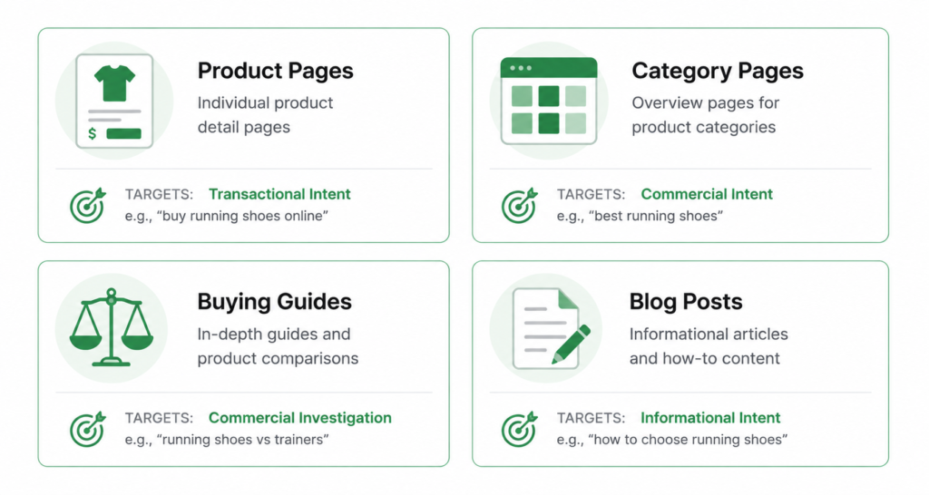 Four types of ecommerce SEO content: product pages, category pages, buying guides, and blog posts