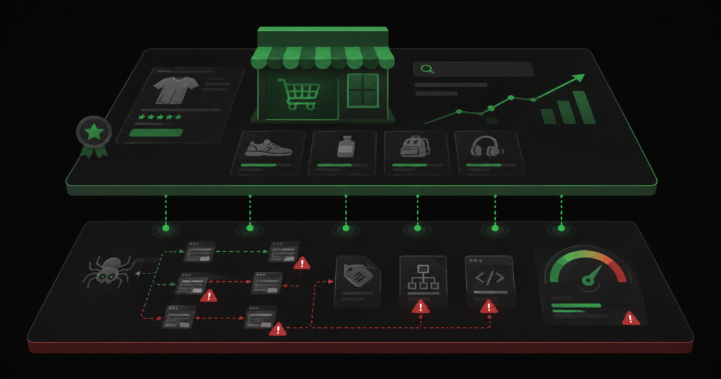 Technical SEO for ecommerce showing site infrastructure with crawl issues and ranking impact