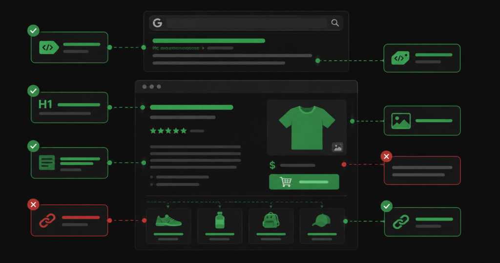  On-page SEO for ecommerce showing product page elements: title tag, H1, meta description, content, alt text, internal links