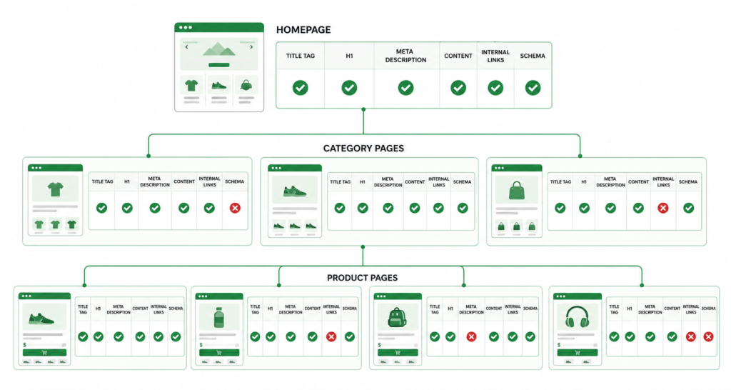 On-page SEO elements map for ecommerce store showing homepage, category, and product page optimisation