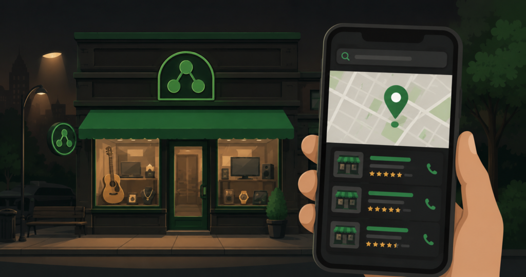 SEO for pawn shops showing local search results and Google Maps visibility for nearby customers