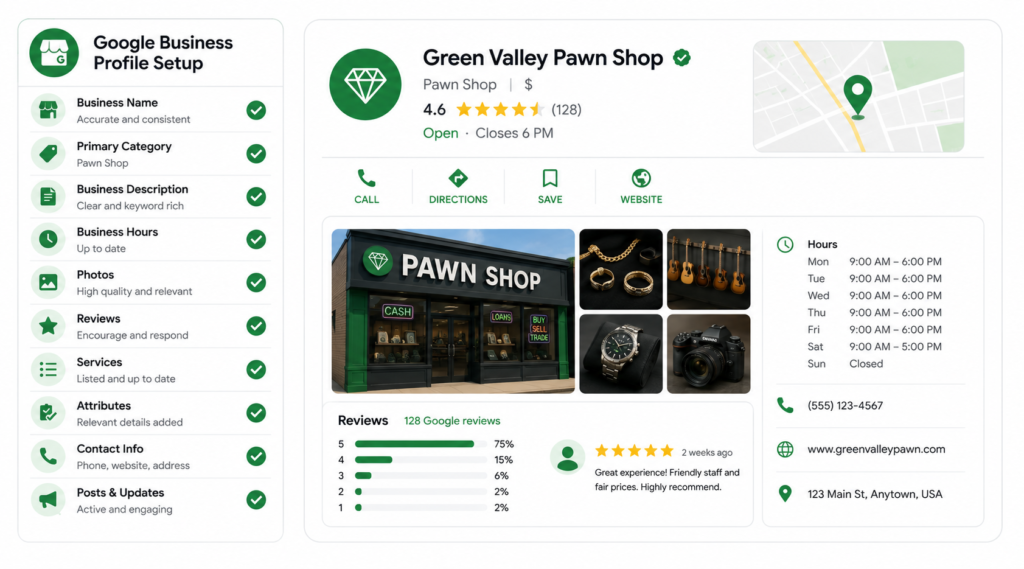 Google Business Profile setup mockup for a pawn shop showing category, photos, and reviews