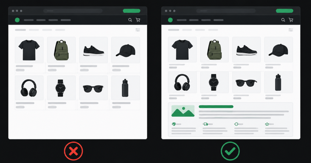 Ecommerce category page without content vs with SEO content showing the difference for rankings