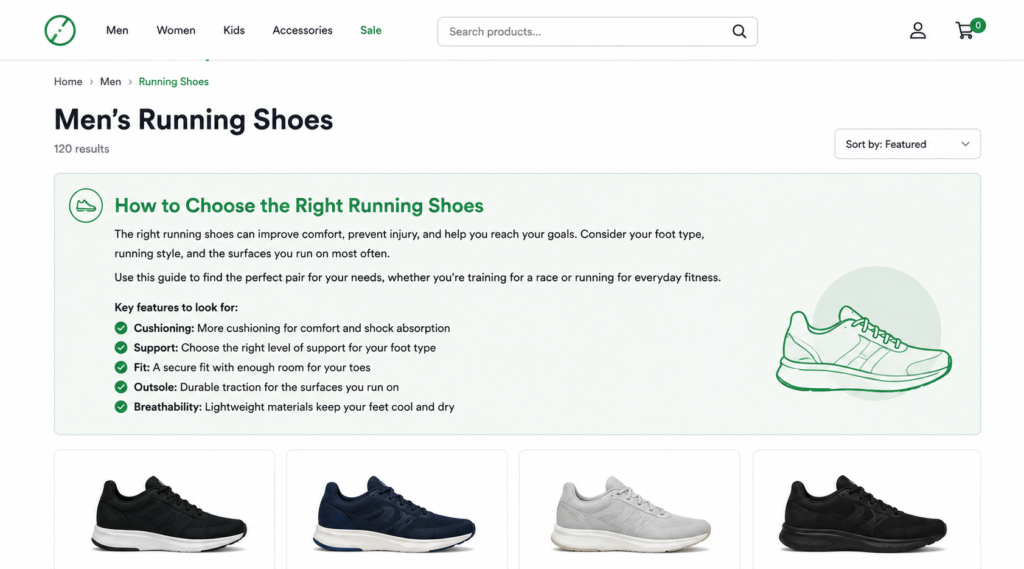 Category page buying guidance section showing how to choose content between title and product grid