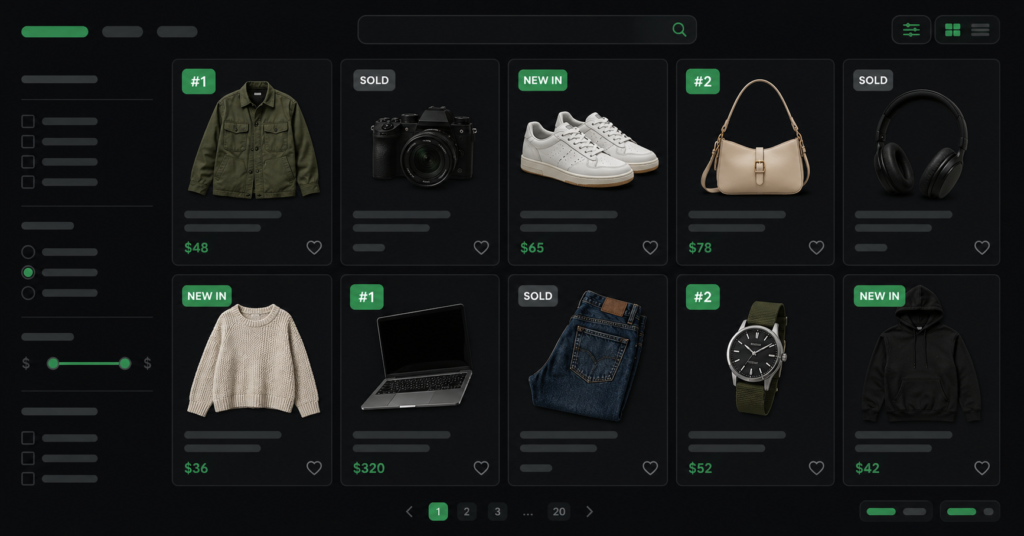 SEO for recommerce resale store showing product listings with search engine rankings