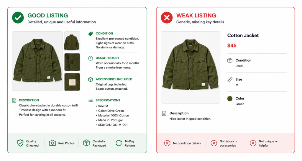 Good vs weak product listing for recommerce SEO showing specific condition details vs generic description