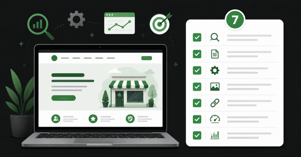 Basic SEO setup checklist for a small business website showing 7 steps