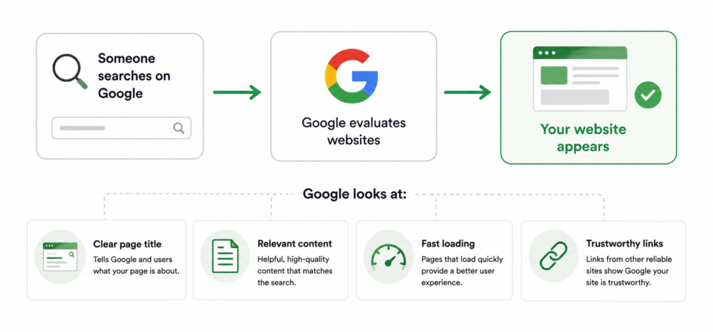 Simple diagram showing how SEO works: search query goes to Google which evaluates websites and shows results