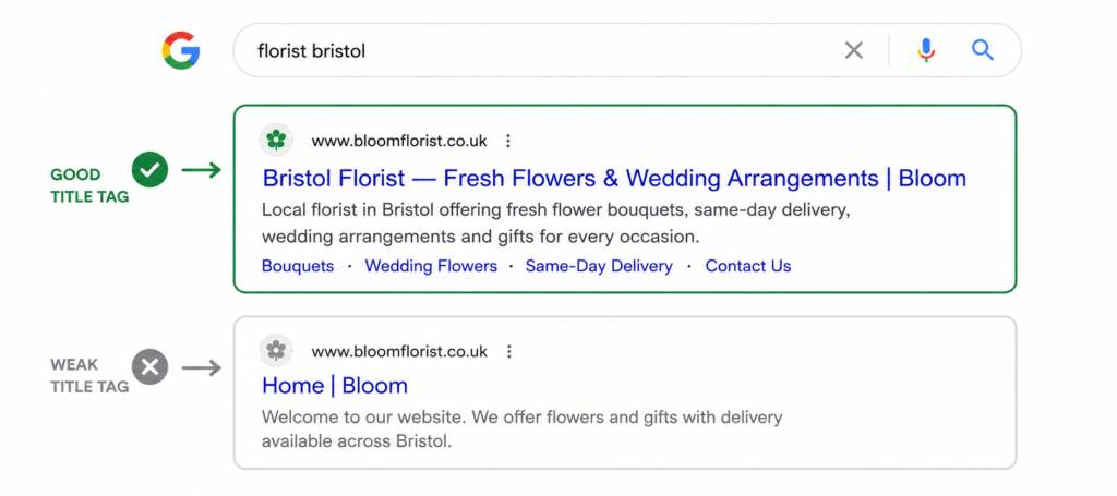 Good vs weak title tag examples shown in Google search results for a local florist