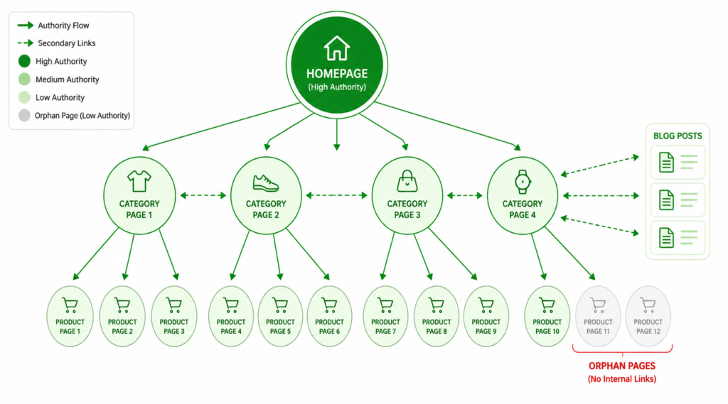 How link authority flows through an ecommerce site from homepage to category pages to product pages