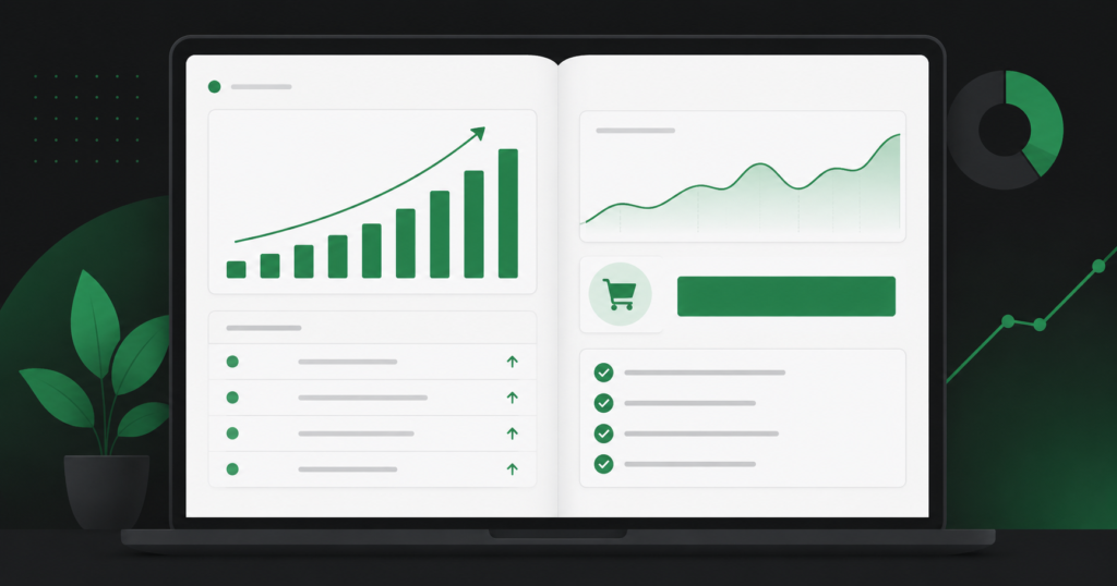 Monthly SEO report for ecommerce showing keyword rankings, traffic, and revenue data