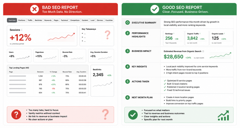 Comparison between a bad SEO report with vanity metrics and a good structured SEO report with business context