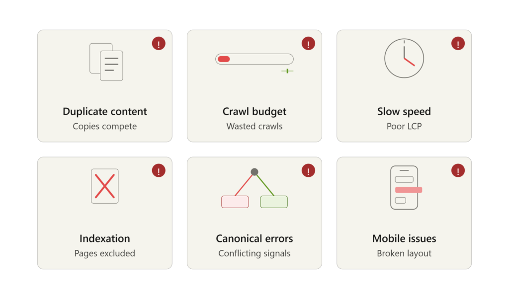 Six most common technical SEO issues in ecommerce stores: duplicate content, crawl budget, speed, indexation, canonicals, mobile