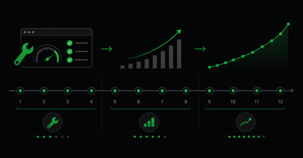 Ecommerce SEO timeline showing technical work, ranking movement, and compounding organic traffic growth over 12 months