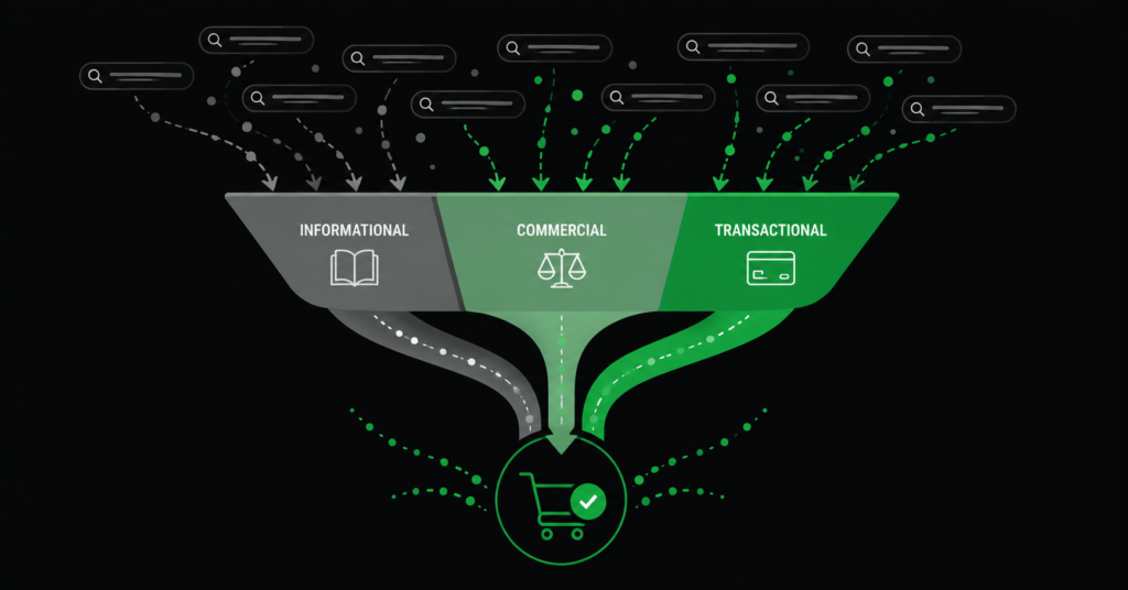 Ecommerce keyword research funnel sorting search queries by intent from informational to transactional