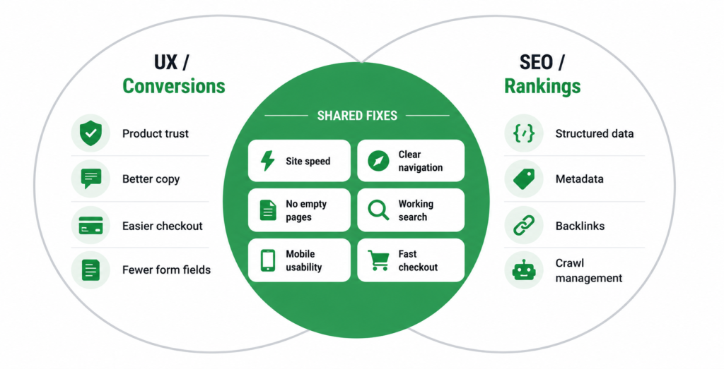 Overlap between ecommerce UX and SEO showing shared fixes that improve both conversions and rankings
