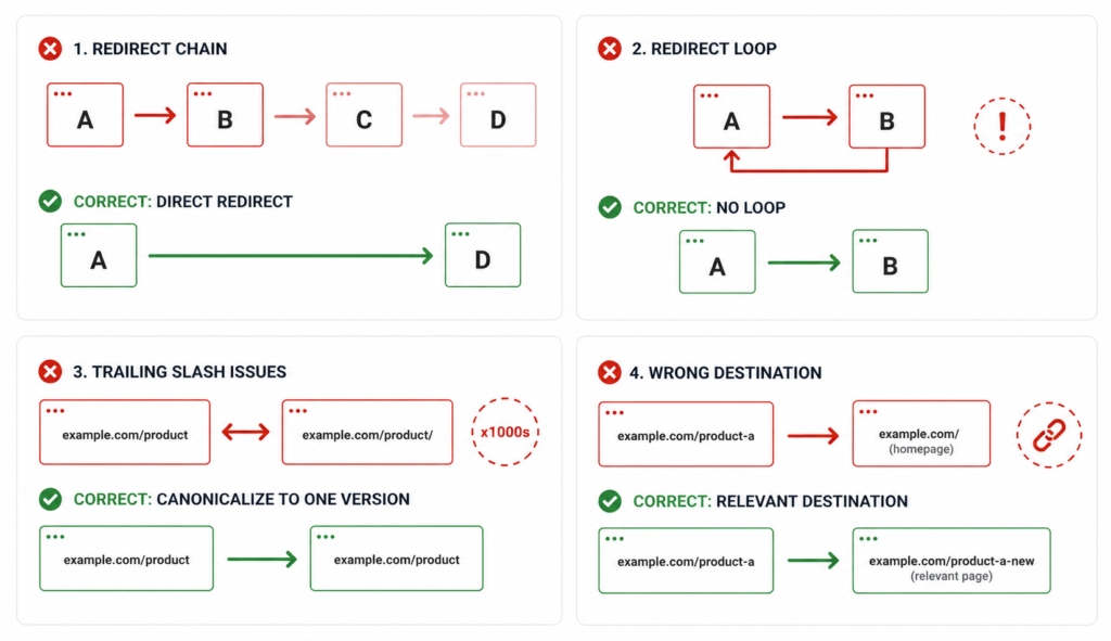 Four ecommerce redirect problems: chains, loops, trailing slash issues, and redirects to irrelevant pages