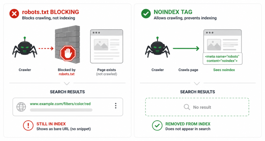 Why robots.txt does not remove pages from Google index compared to using a noindex tag