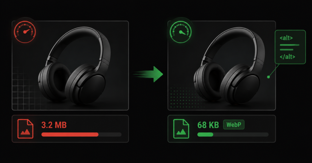 Product image optimisation showing heavy unoptimised photo versus compressed WebP with alt text