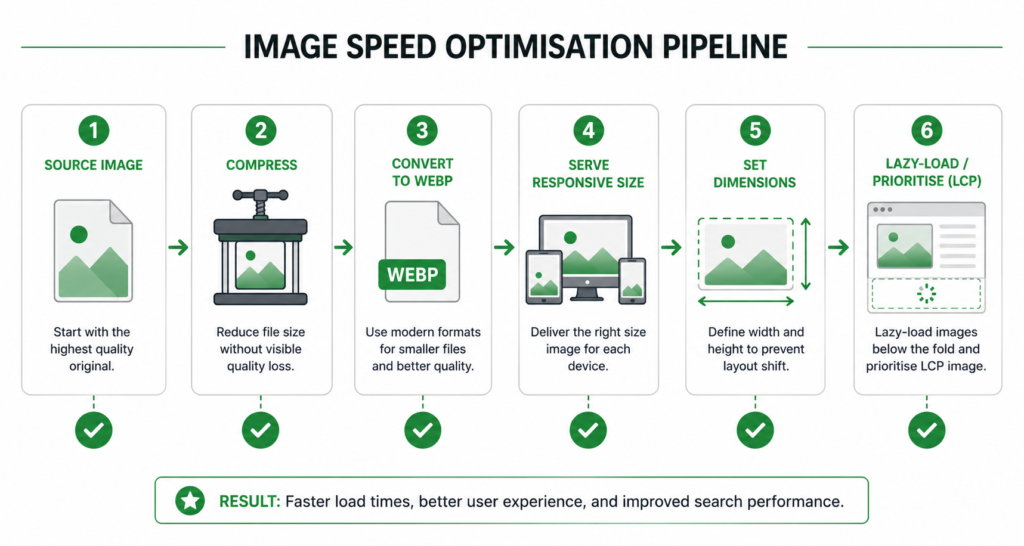 Product image speed optimisation pipeline: compress, convert to WebP, resize, set dimensions, and lazy-load
