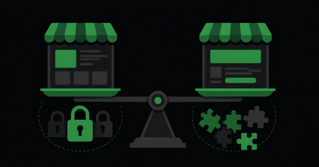 Shopify and WooCommerce SEO comparison shown as balanced with different constraints on each side