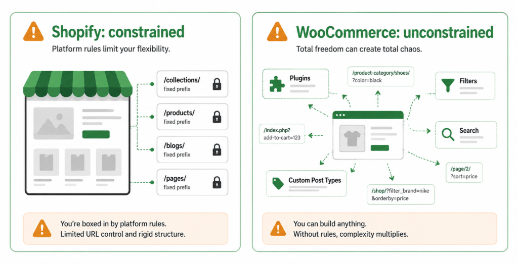Shopify and WooCommerce SEO failure modes: platform constraints versus configuration burden