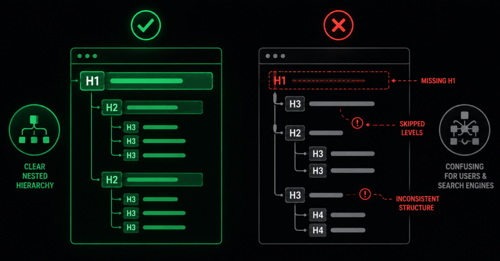 Correct nested heading hierarchy compared to a broken one with a missing H1 and skipped levels