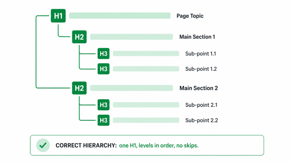 Correct heading hierarchy outline showing one H1 with nested H2 and H3 levels in order