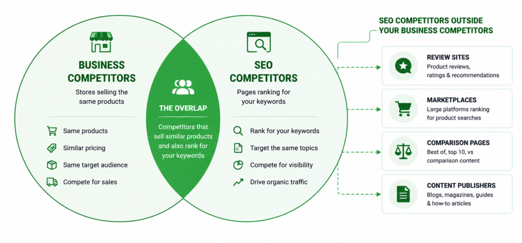 Venn diagram showing the difference between business competitors and SEO competitors for ecommerce