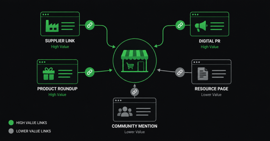 Ecommerce link building diagram showing different backlink types flowing to an online store by value