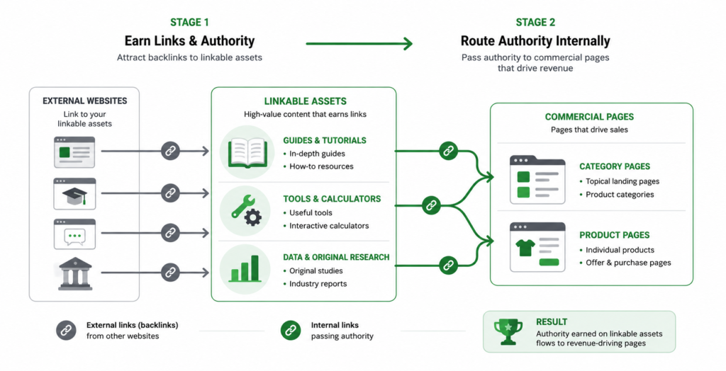 How ecommerce link building routes authority from linkable assets to commercial category and product pages