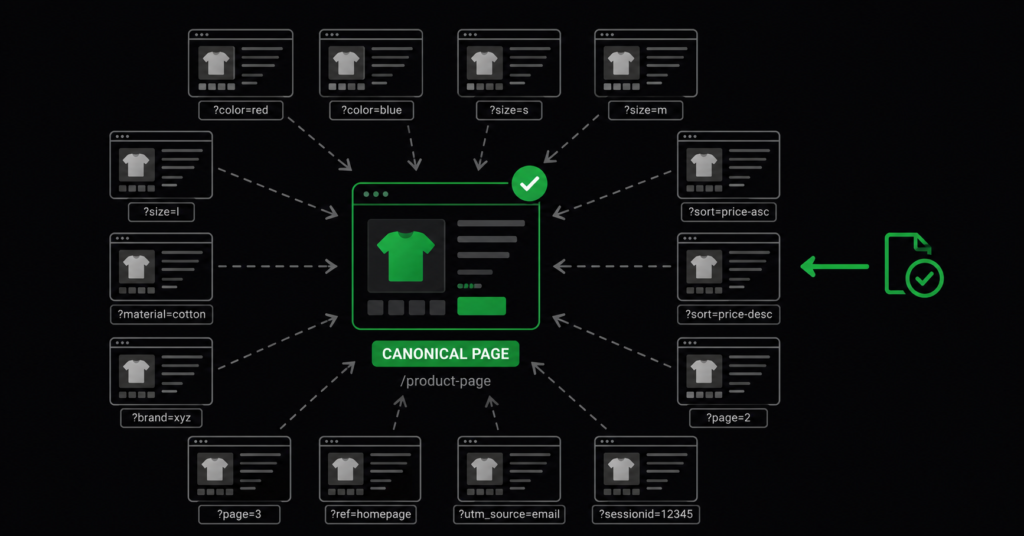 Duplicate content in ecommerce showing filter and variant URLs consolidating into one canonical page