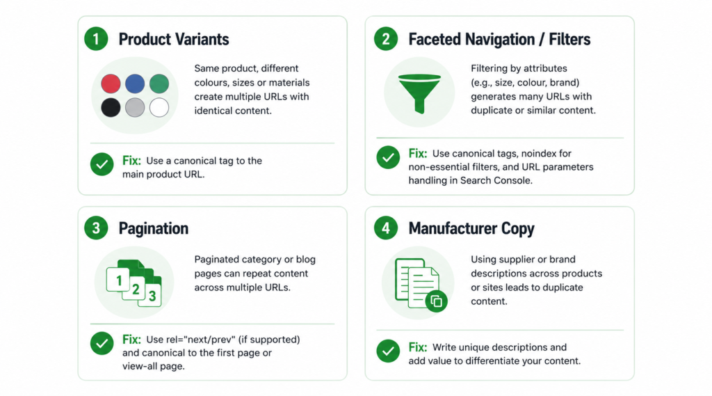 Four sources of duplicate content in ecommerce: product variants, filters, pagination, and manufacturer copy
